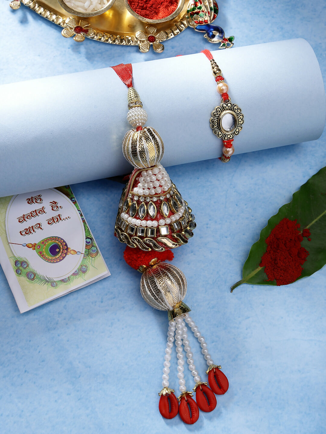 NVR Women & Men Set of 2 Gold & Red Kundan-Studded Bhaiya Bhabhi Rakhi With Roli Chawal - Distacart