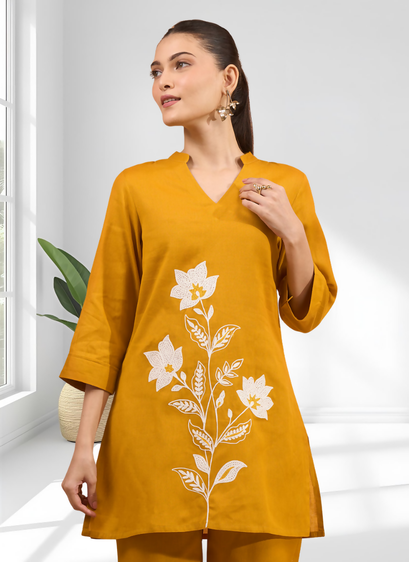 Joban Fashion Mustard Cotton, Linen Embroidered Readymade Cord Set - Distacart