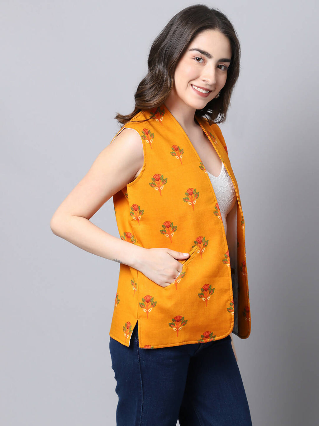 Even Apparels Yellow Viscose Rayon Open Front Waistcoat - Distacart