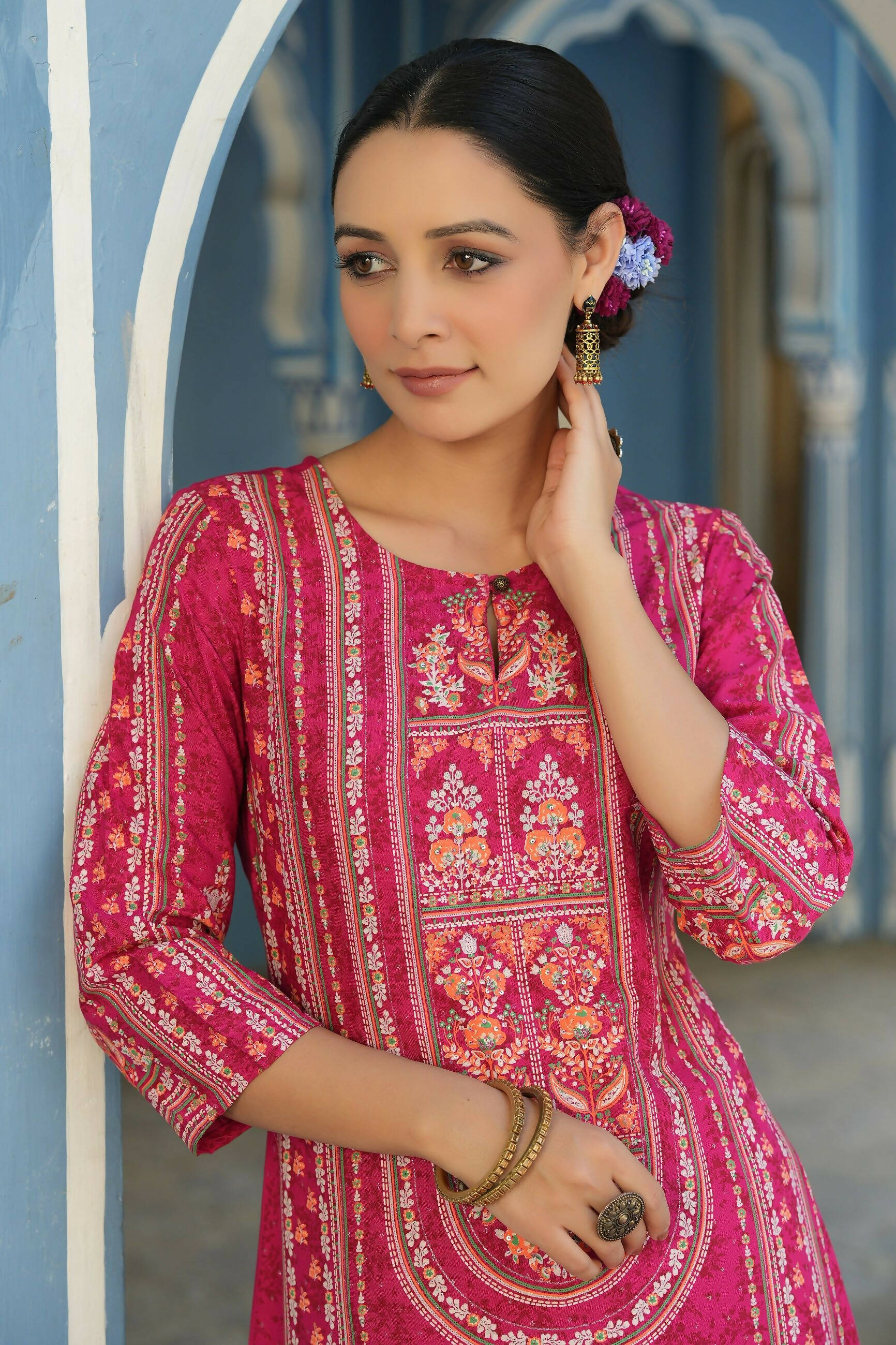 Juniper Women's Fuchsia Rayon Staple Placement Printed A-Line Kurta - Distacart