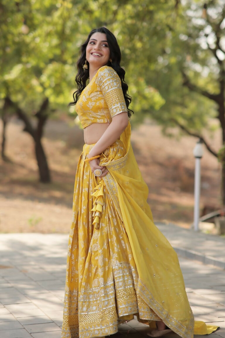 Vastranavya Designer Dyeable Pure Viscose Jacquard Fabric Lehenga Choli & Dupatta Set - Yellow