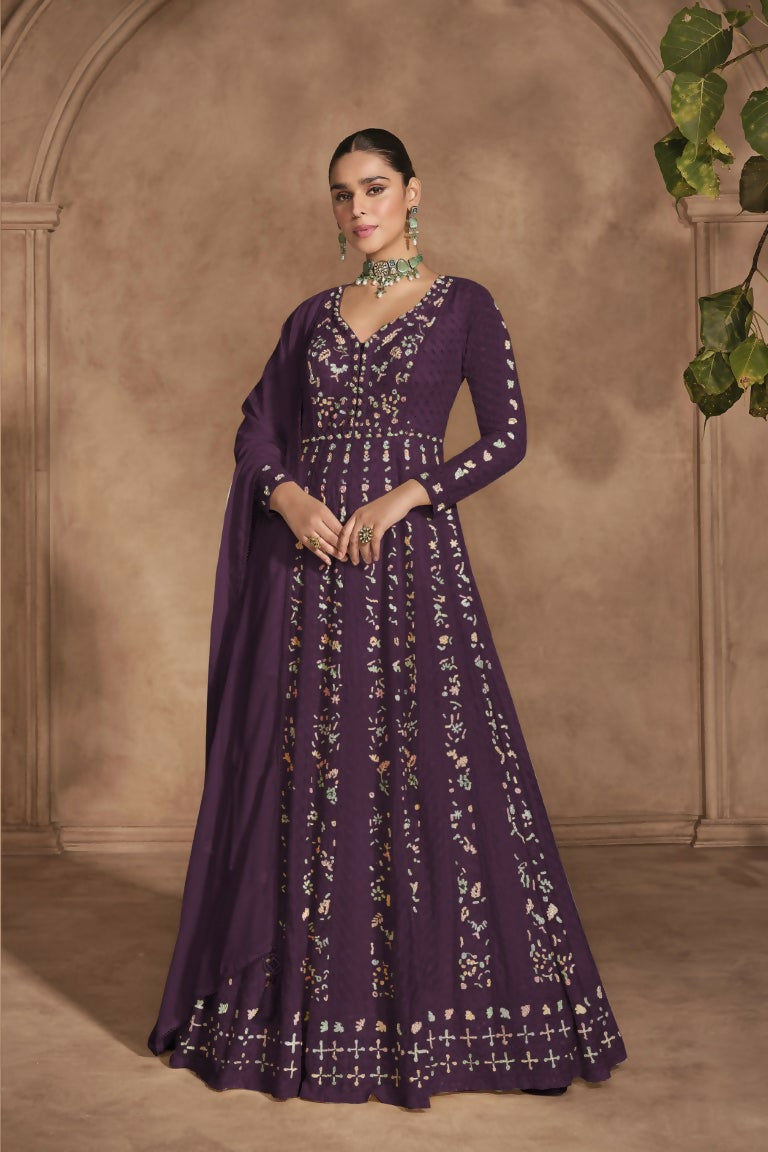 Vastranavya Wine Chikankari Embroidered Sequence Work Abaya Suit