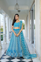 Eilara Glamorous Sky Blue Butterfly Net With Thread And Sequence Embroidered Work Lehenga Choli For Wedding