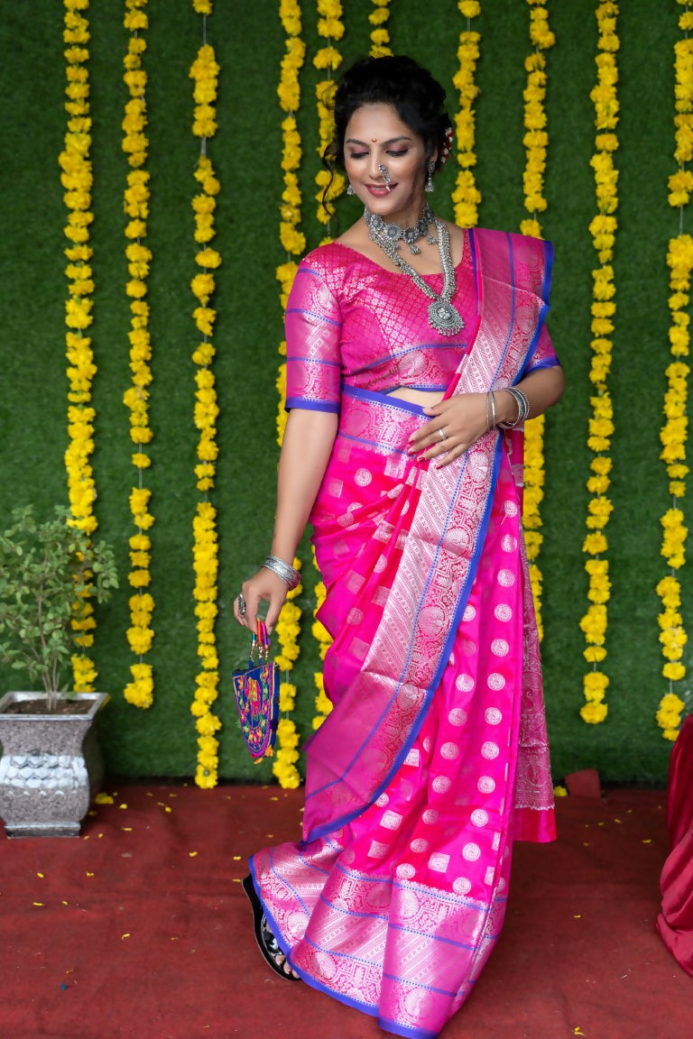 Jyoti Fashion Women's Pink Soft Handloom Silk Zari Woven Saree with Blouse