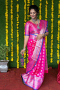 Jyoti Fashion Women's Pink Soft Handloom Silk Zari Woven Saree with Blouse