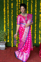 Jyoti Fashion Women's Pink Soft Handloom Silk Zari Woven Saree with Blouse