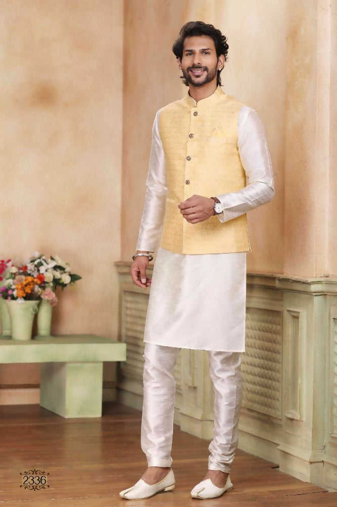Raivat Ethnic Jacquard Banarasi Silk Woven Work 3 Pics Jacket Set In Yellow Colour - Distacart