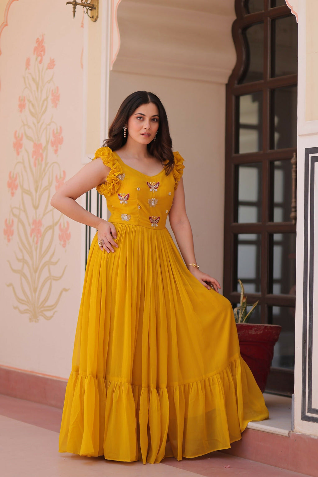 Joban Fashion Yellow Georgette Sequence Embroidery Work Gown - Distacart