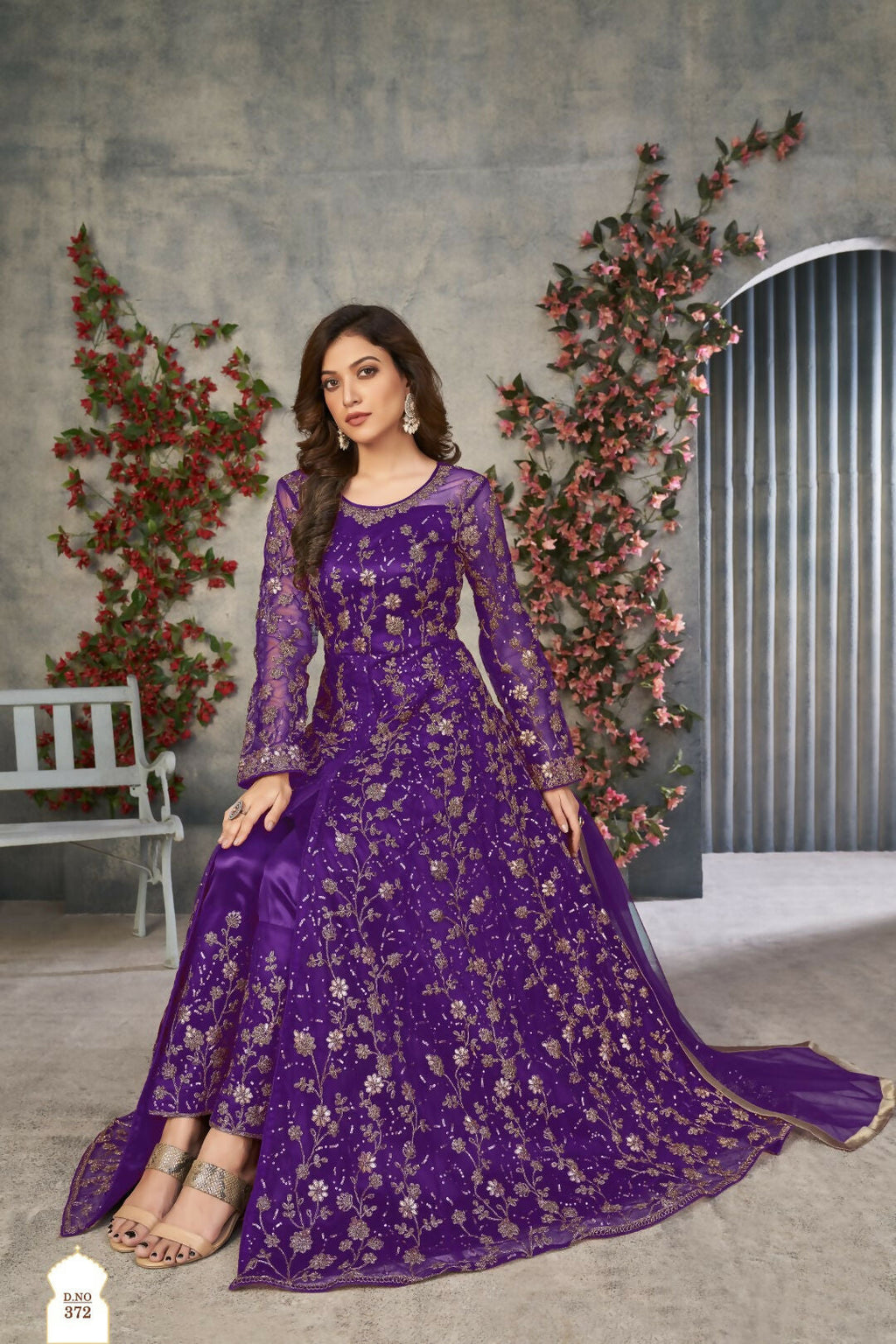 Anaita Purple Embroidered Net Stitched Anarkali suit - Distacart