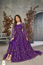 Anaita Purple Embroidered Net Stitched Anarkali suit - Distacart