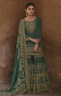 Anaita Dark-Green Silk Readymade Palazzo Suit with Swarovski Work - Distacart