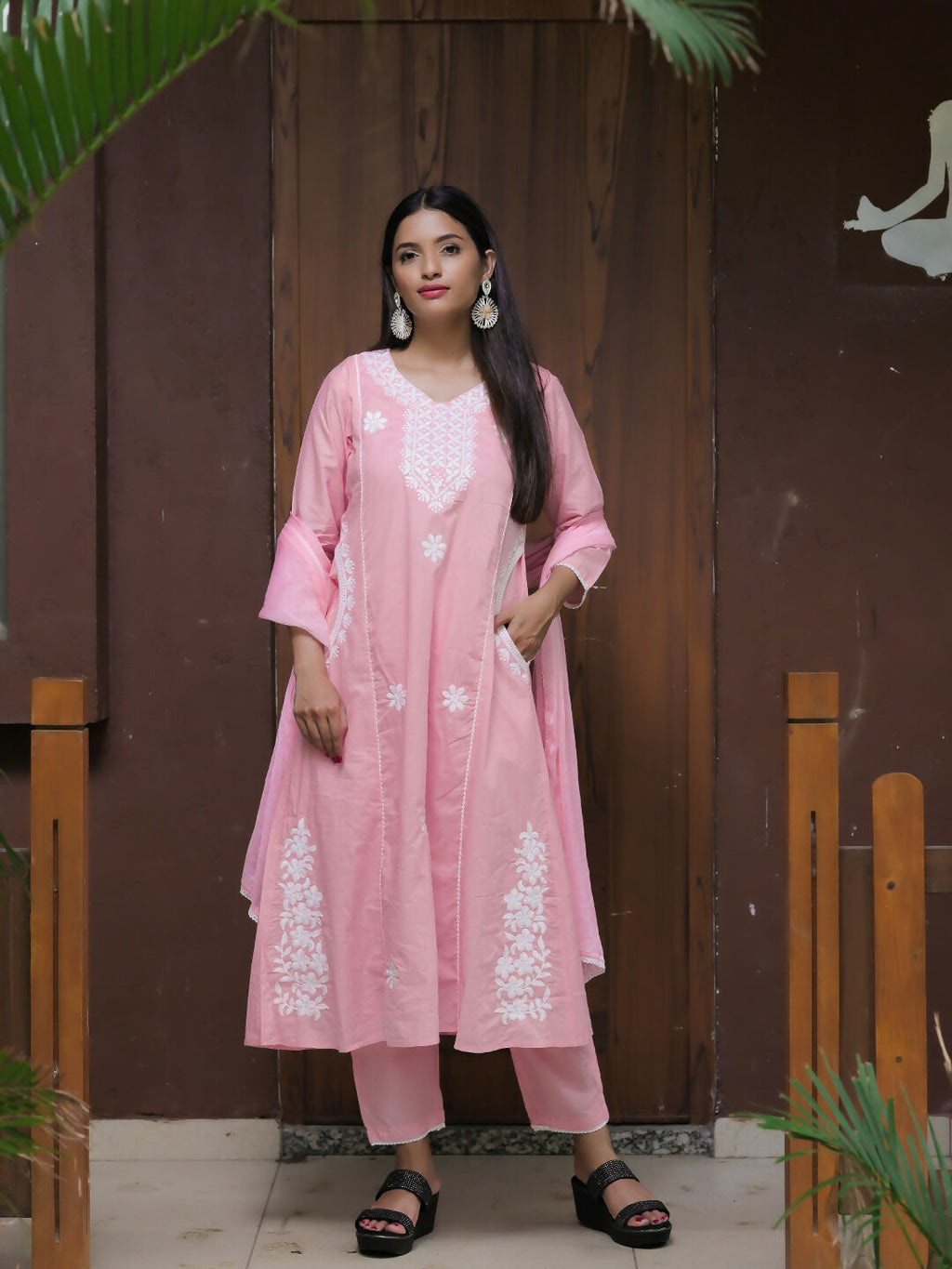 The52 Women's Beautiful Thread Work Cotton satin Fabric Flared Kurta Pant and Dupatta Set - Distacart