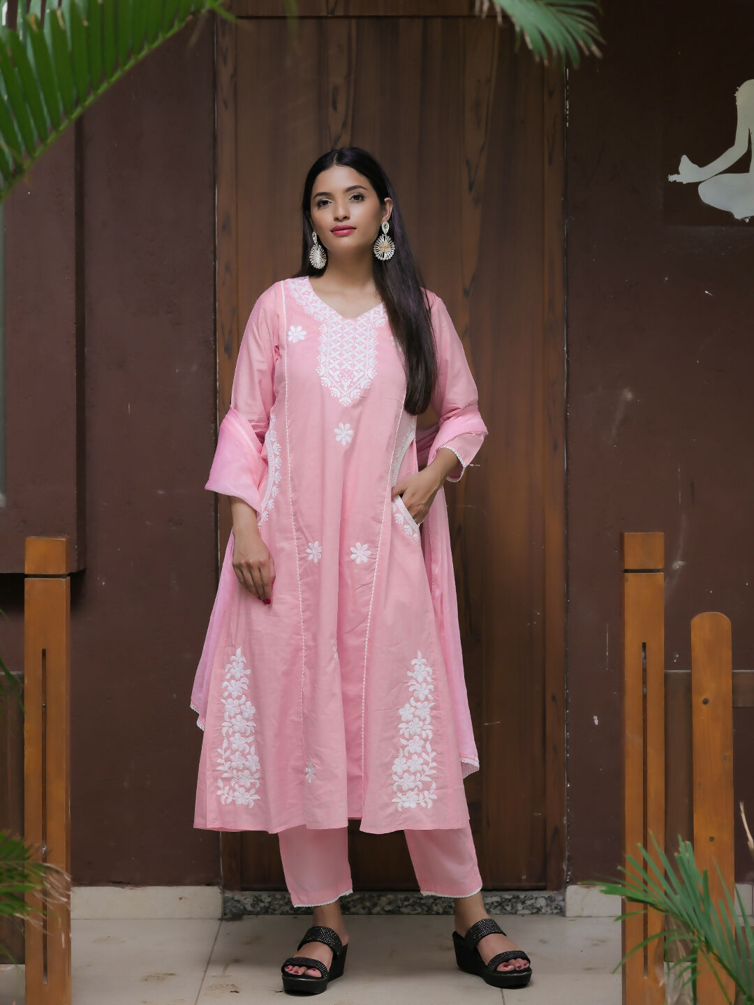 The52 Women's Beautiful Thread Work Cotton satin Fabric Flared Kurta Pant and Dupatta Set - Distacart