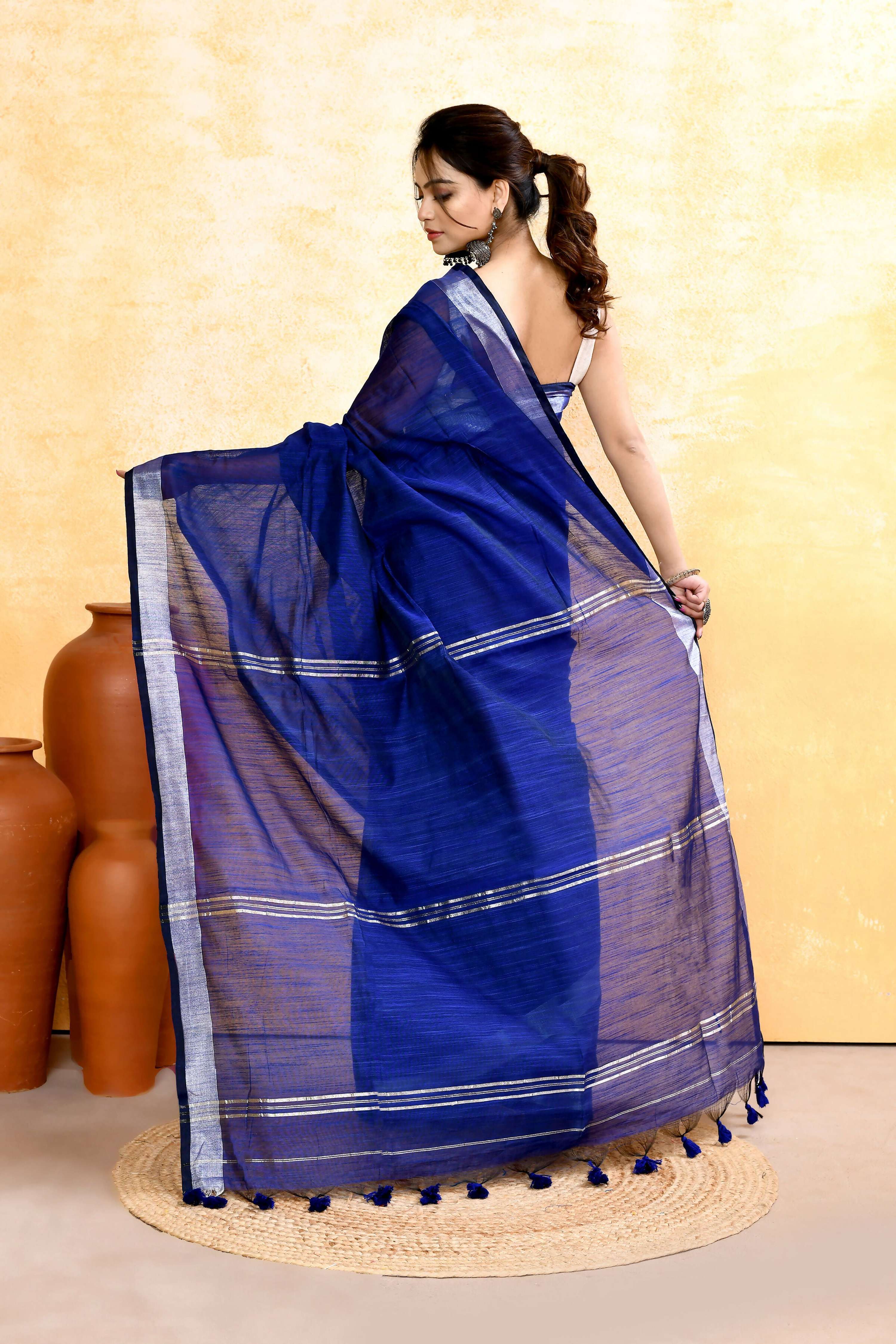 Piyari Fashion Women's Royal Blue Embellished Cotton Blend Zari Border Handloom Saree - Distacart