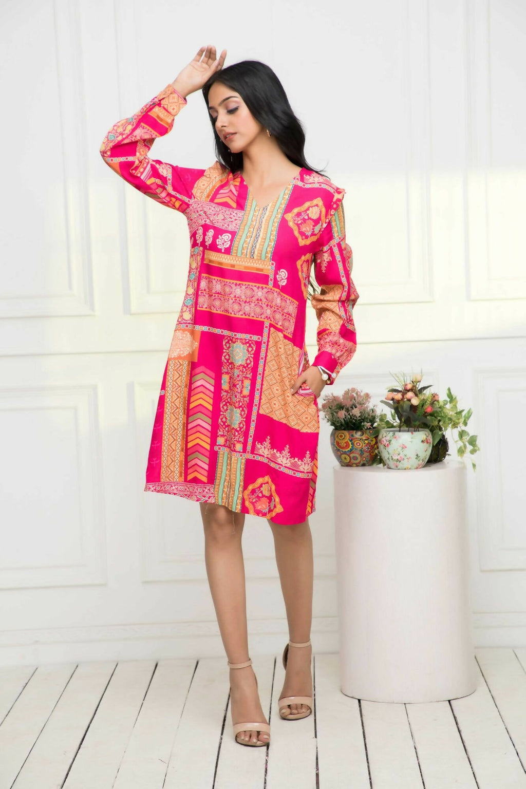 Myshka Women Red Geometric Rayon A-Line Round Neck Dress - Distacart