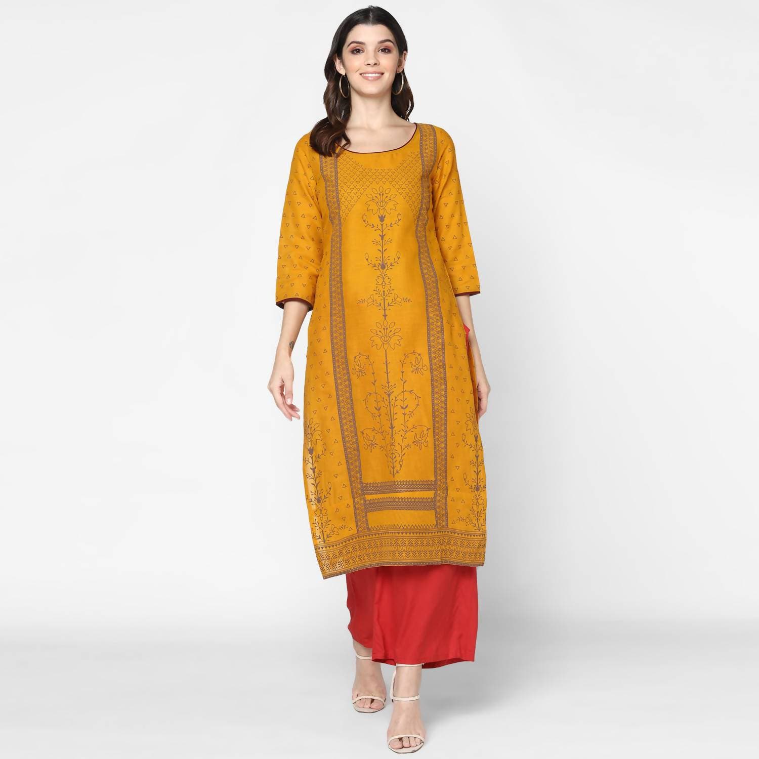 Cheera Hand Block Print Mustard Straight Kurta (MAAI-045K)
