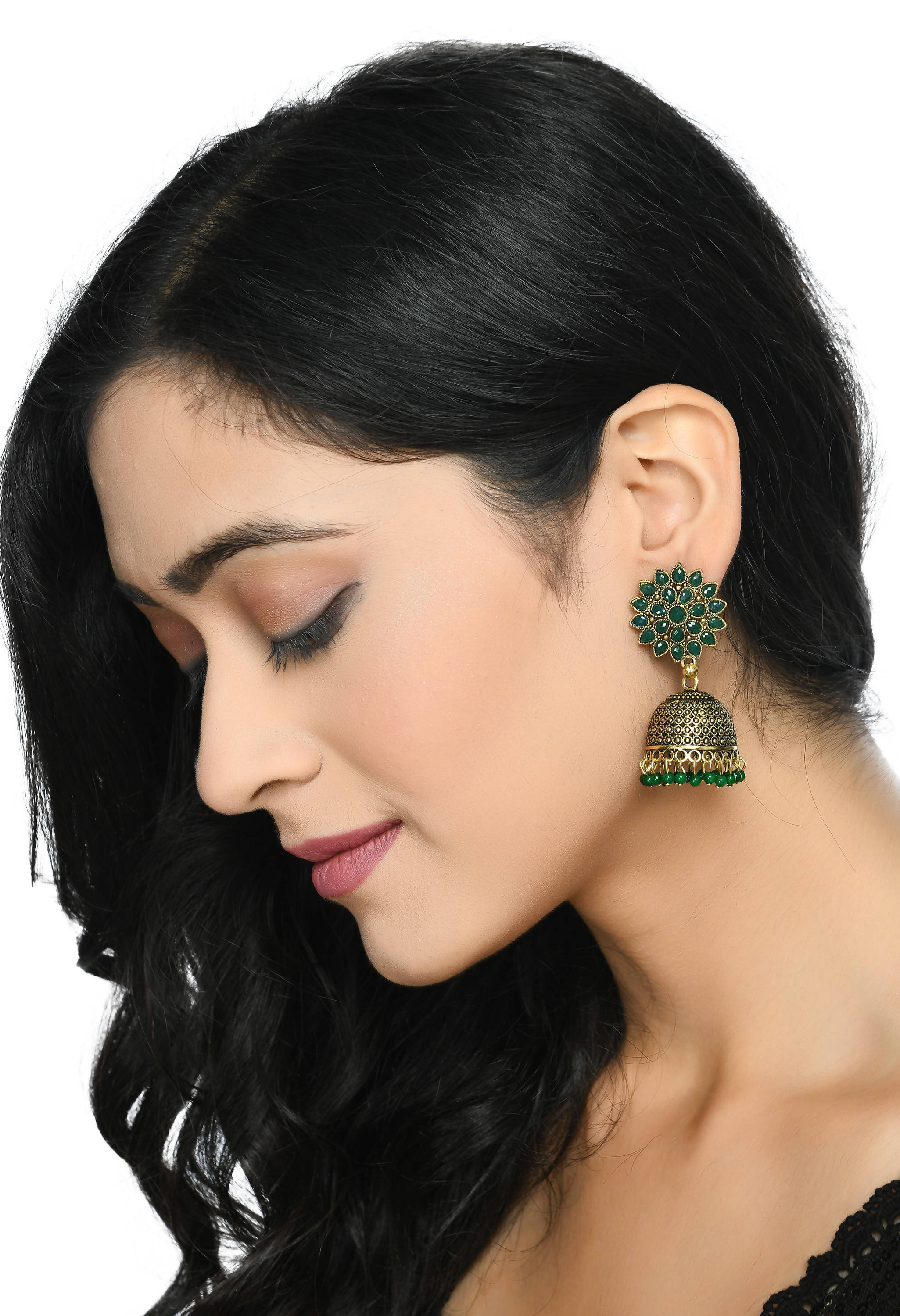Mominos Fashion Johar Kamal Beautiful Kundan Work Jhumka With Green Beads - Distacart