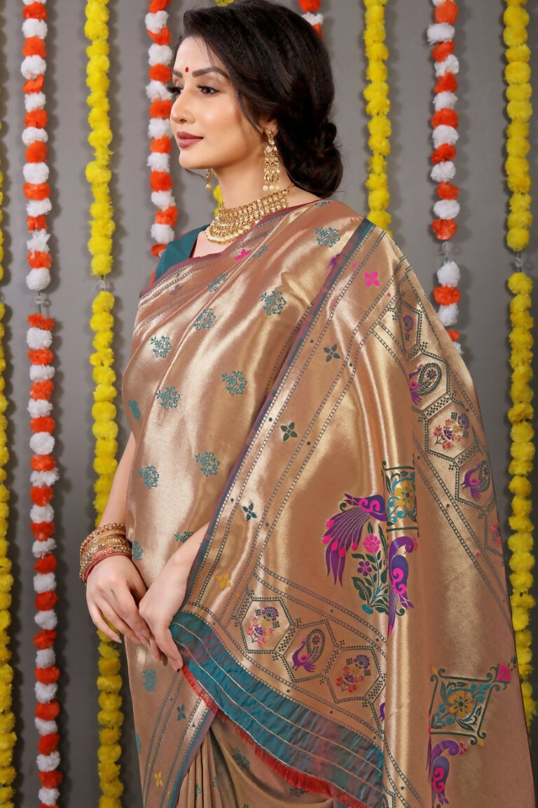 Jyoti Fashion Women's Grey Paithani Silk Zari Woven Saree with Blouse