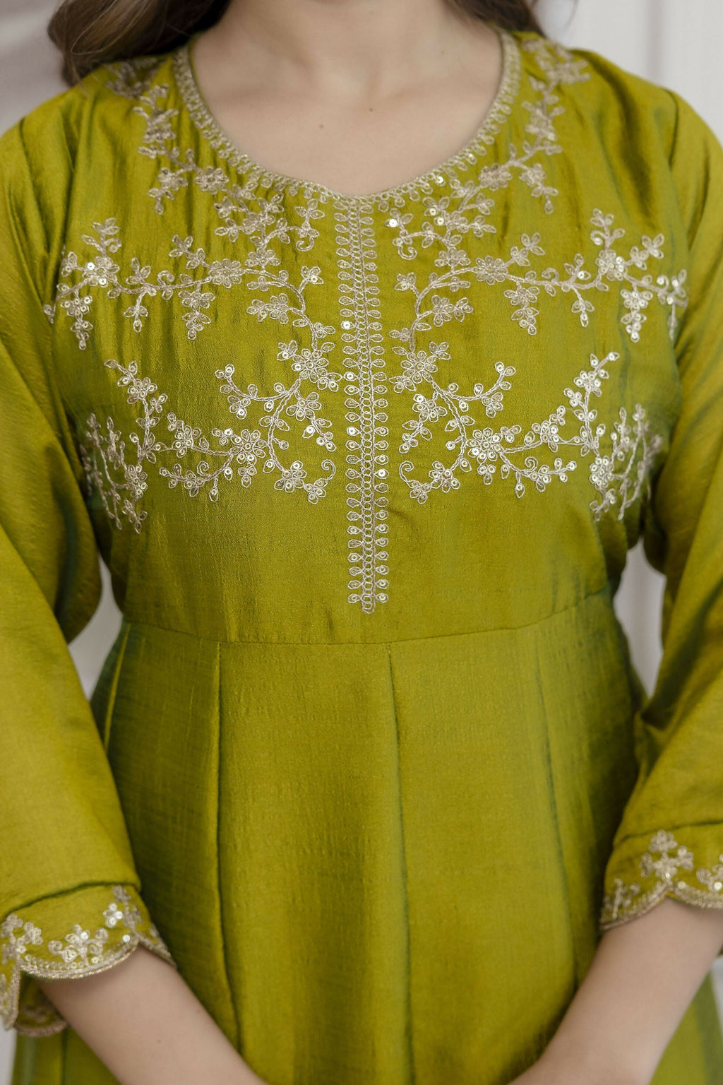 The52 Light Green Women's Beautiful Vichitra Silk Fabric Embroidered Work Flared Anarkali Pant and Dupatta Set - Distacart