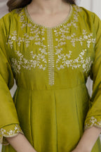 The52 Light Green Women's Beautiful Vichitra Silk Fabric Embroidered Work Flared Anarkali Pant and Dupatta Set - Distacart