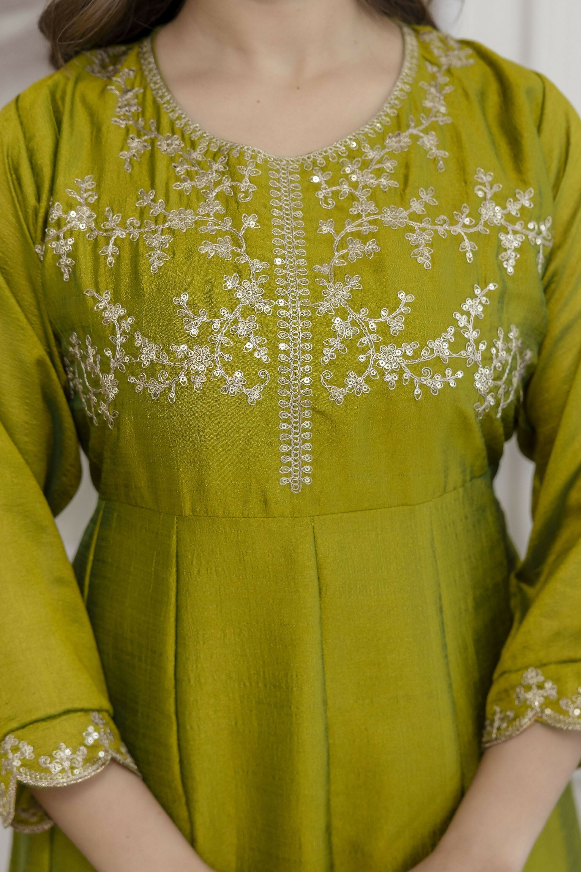 The52 Light Green Women's Beautiful Vichitra Silk Fabric Embroidered Work Flared Anarkali Pant and Dupatta Set - Distacart