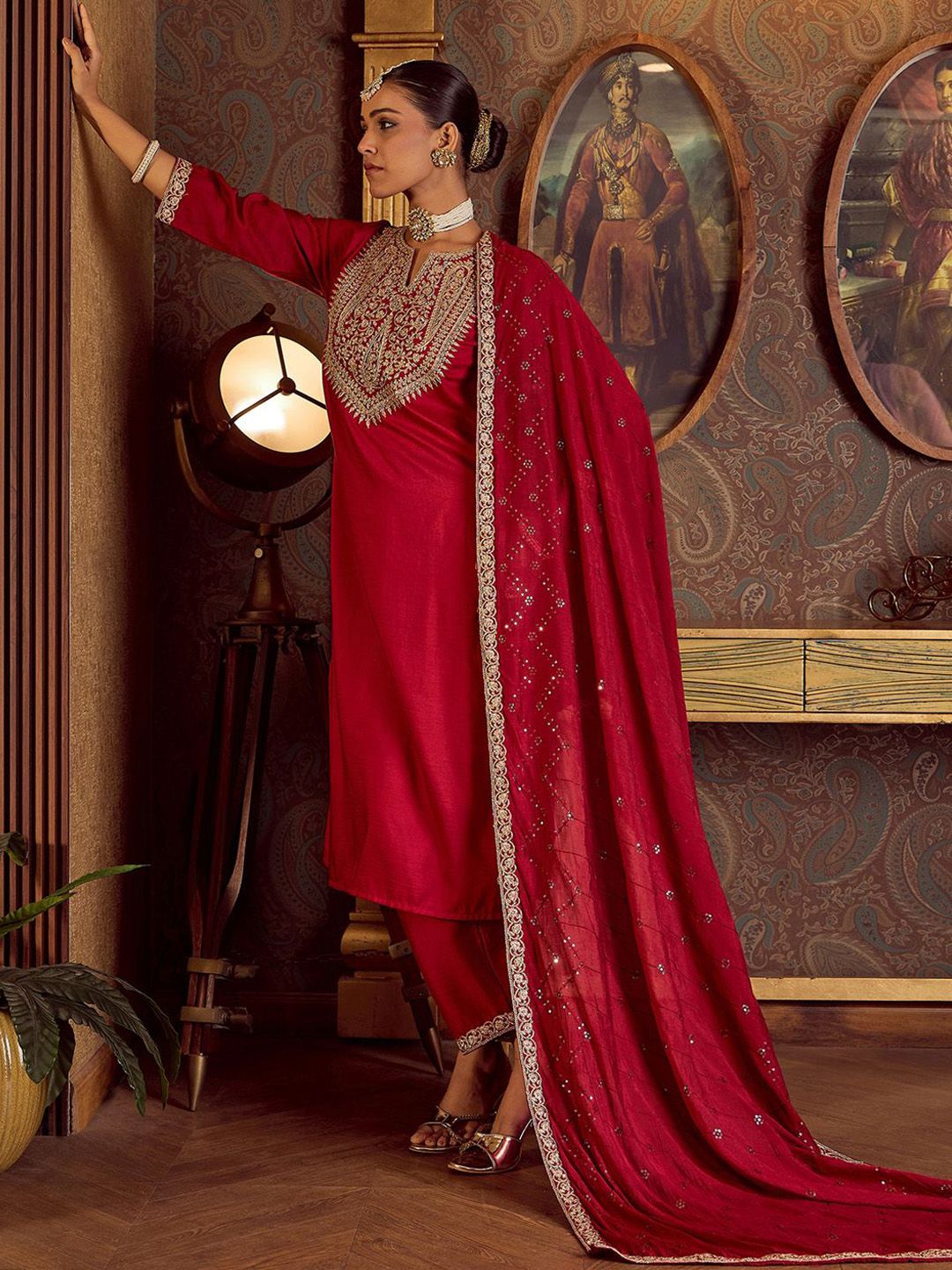 Indo Era Ethnic Floral Embroidered Zari Work Detail Regular Sleeves Round Neck Kurta Set - Distacart