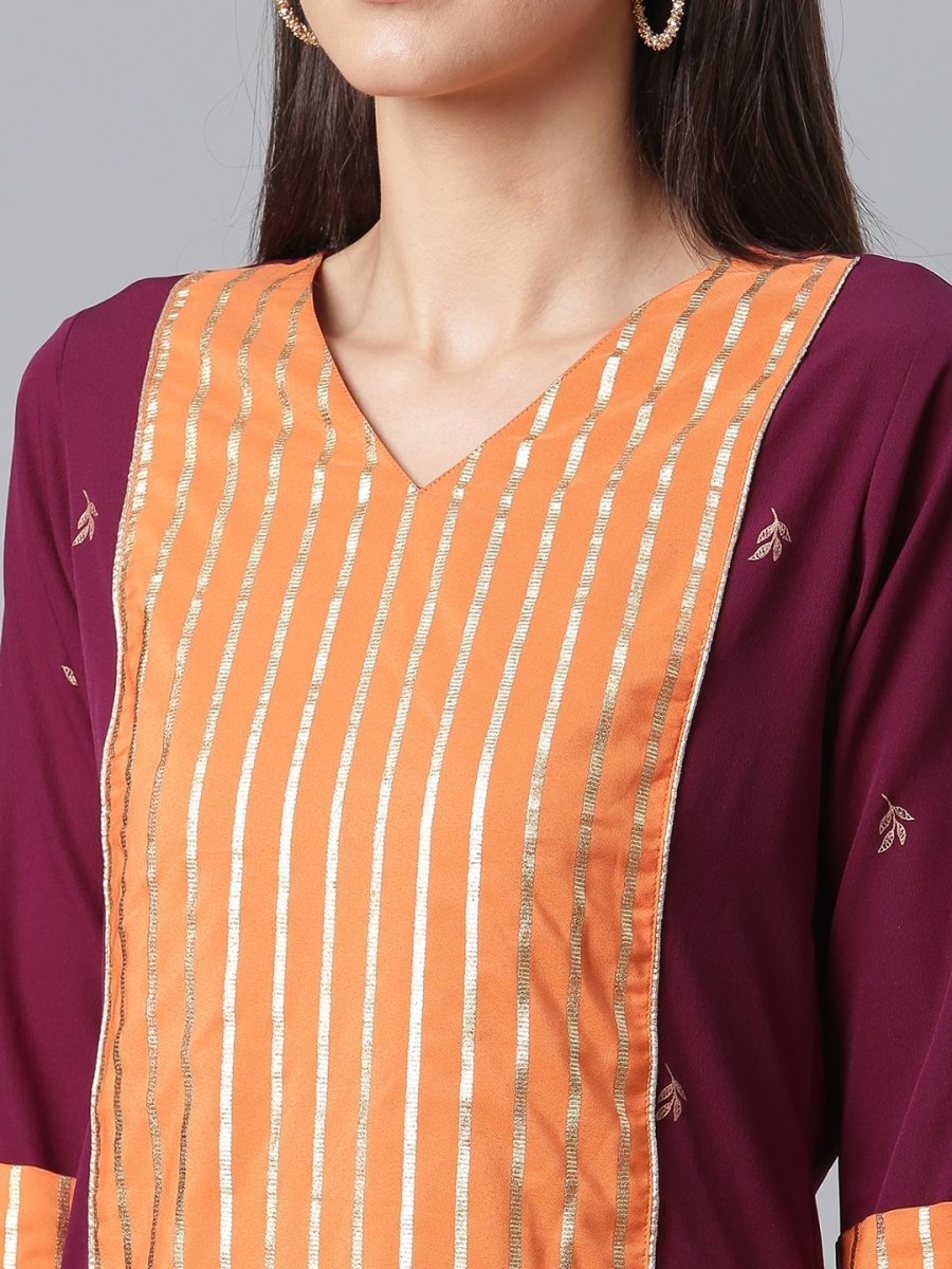 Ahalyaa Wine Crepe Solid Kurta Palazzo Set With Printed Dupatta