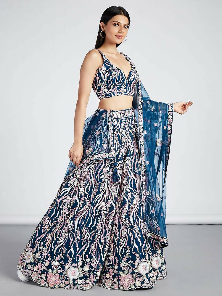 House of Panchhi Navy Blue Net Sequins And Thread Embroidery Lehenga Choli & Dupatta