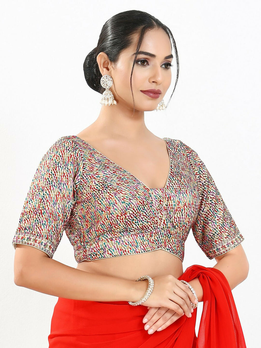 Joban Fashion Multi Mulberry Silk Padded Blouse With V Neck Elbow Sleeves - Distacart