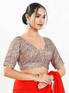 Joban Fashion Multi Mulberry Silk Padded Blouse With V Neck Elbow Sleeves - Distacart