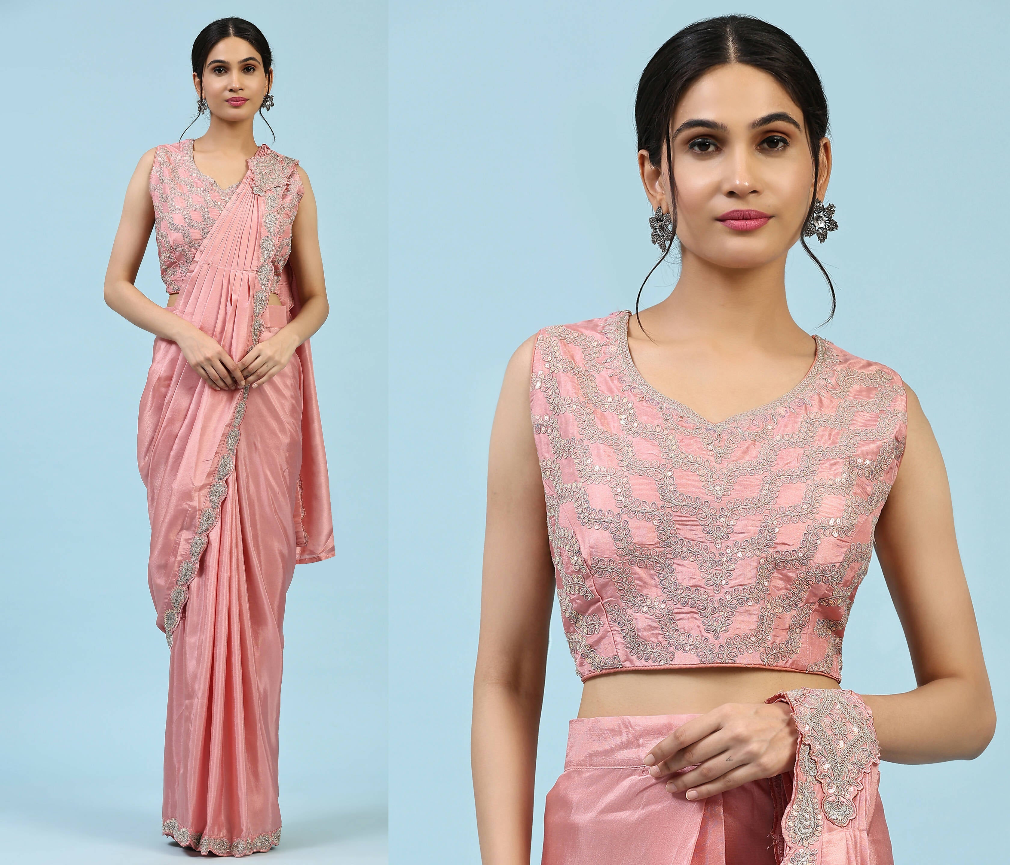 Peach Silk Satin Plain Ready to wear Saree with stitched Blouse - Vrinda