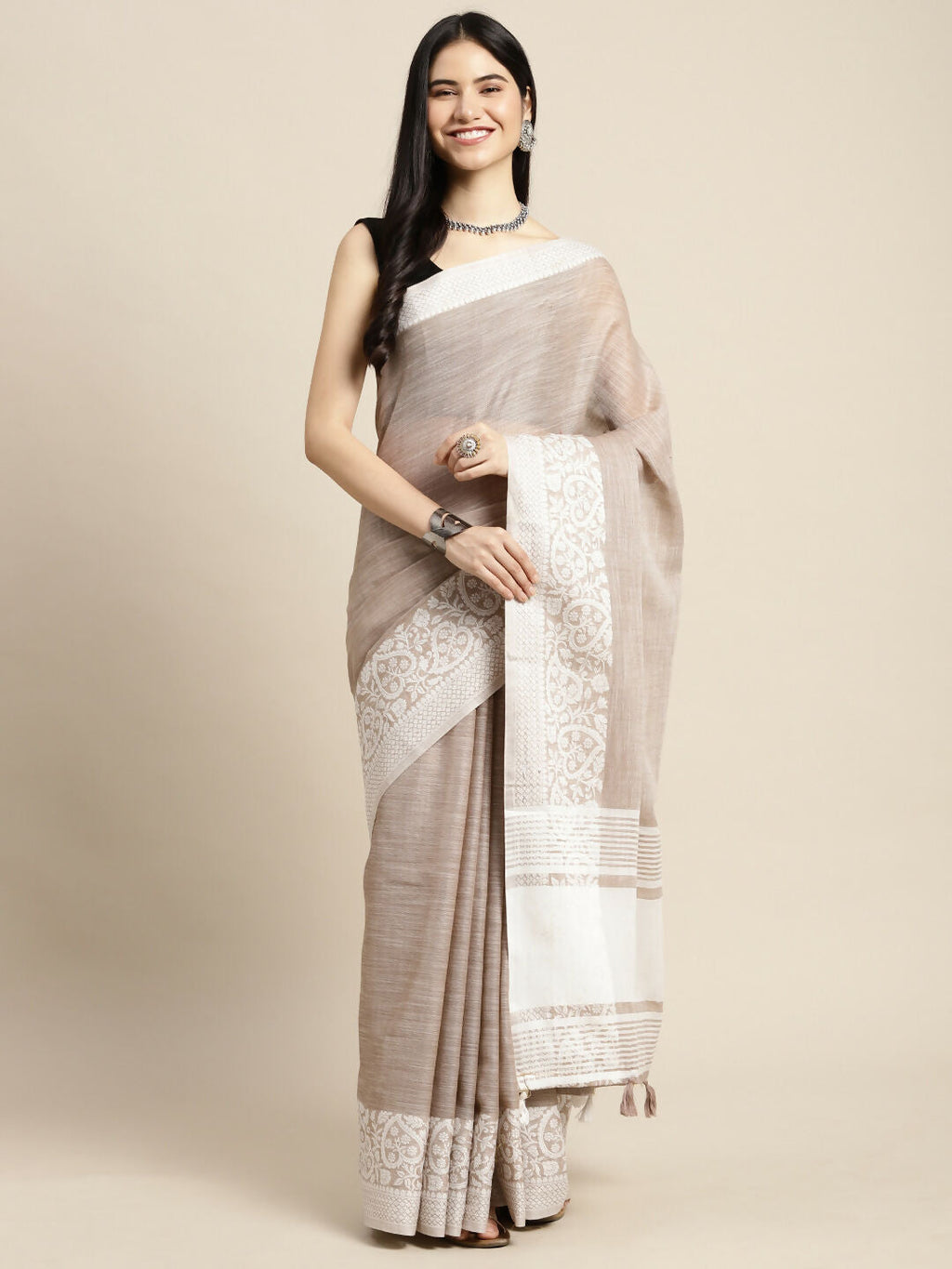Shree Shyam Fashion Linen Beige Saree - Distacart