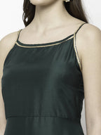 Myshka Dark Green Silk Blend Solid Sleeveless Round Neck Kurta Palazzo Dupatta Set