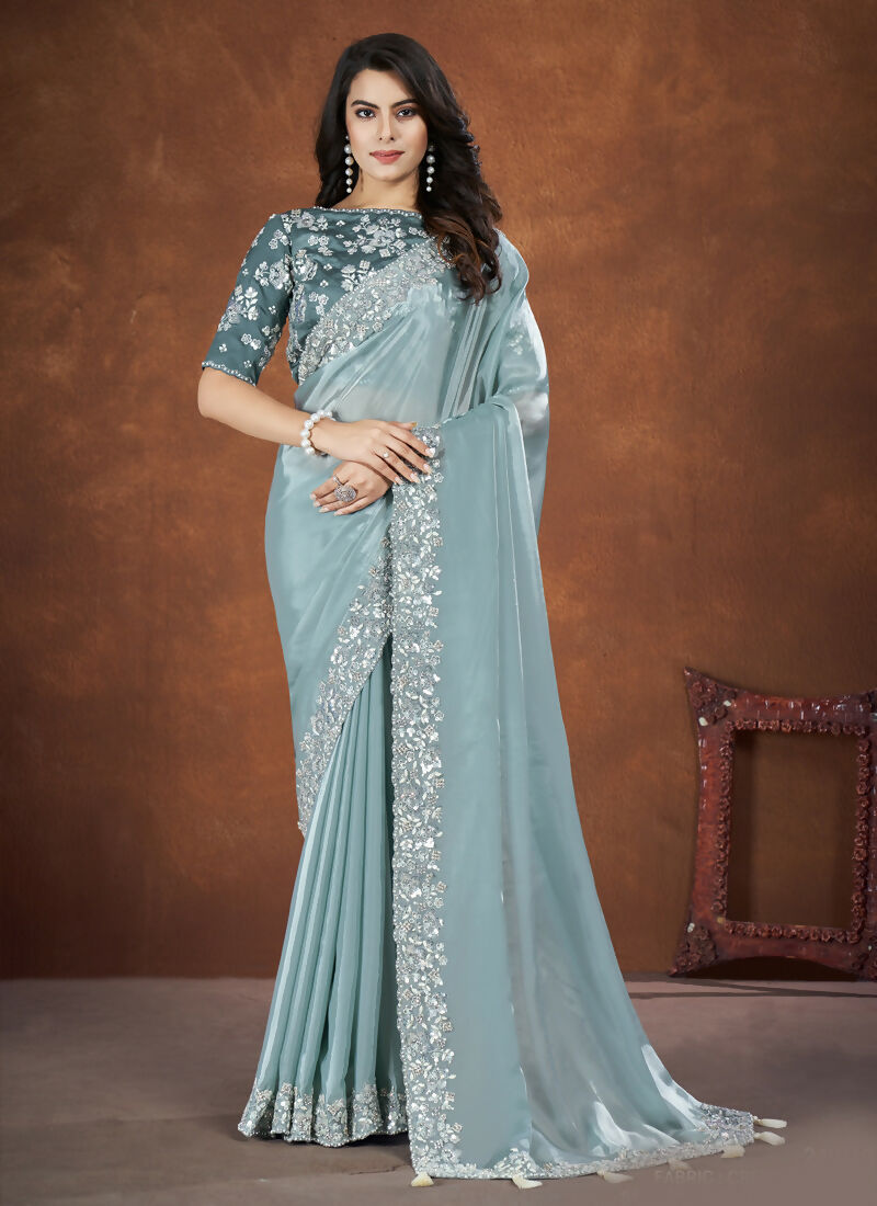 Blue Crepe Satin Silk Embroidered Saree with stitched Blouse - Mohmanthan Saha Saki