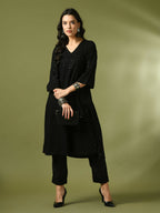 Myshka Women's Black Embroidered Cotton A-Line Party Kurta Set