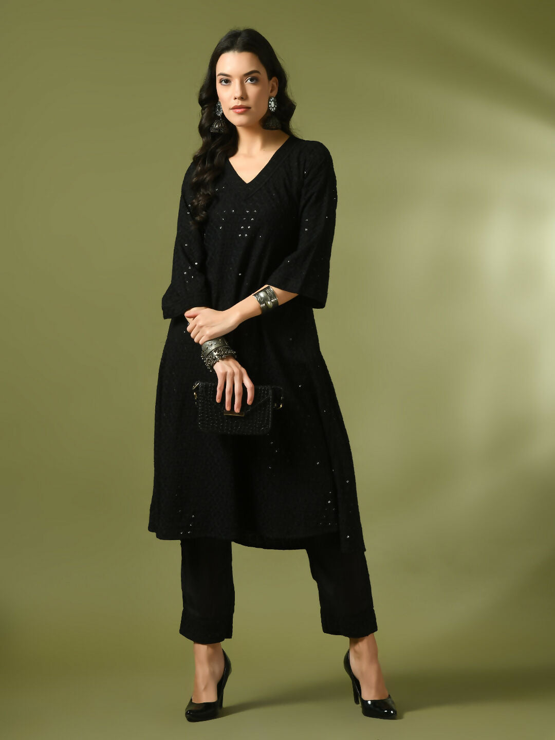 Myshka Women's Black Embroidered Cotton A-Line Party Kurta Set