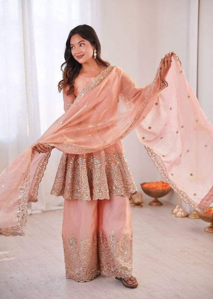 Teeya Creation Light Peach Color Fendy Satin Silk Embroidery Work Party Wear Salwar Suit - Distacart