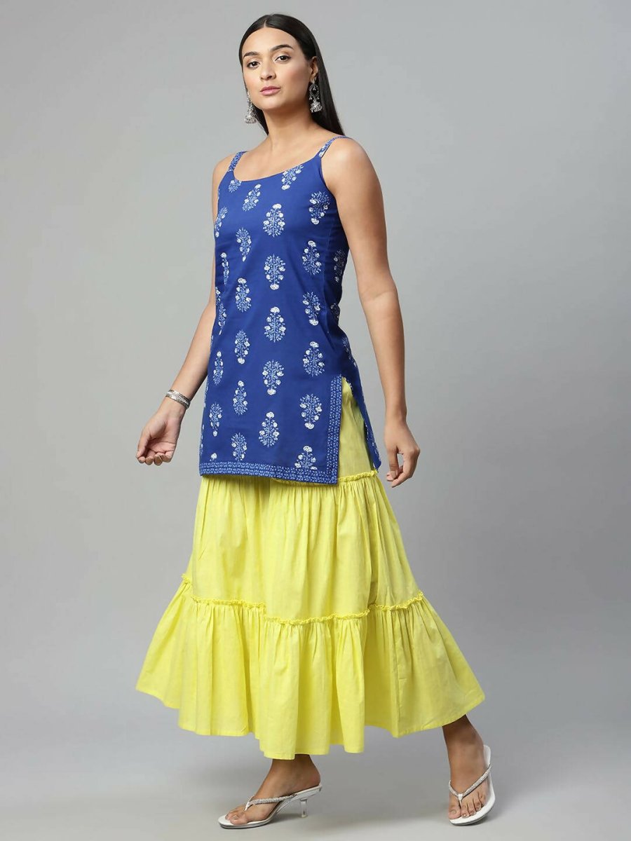 Ahalyaa Womens Royal Blue Pure Cotton Printed Tunic Sharara Set - Distacart