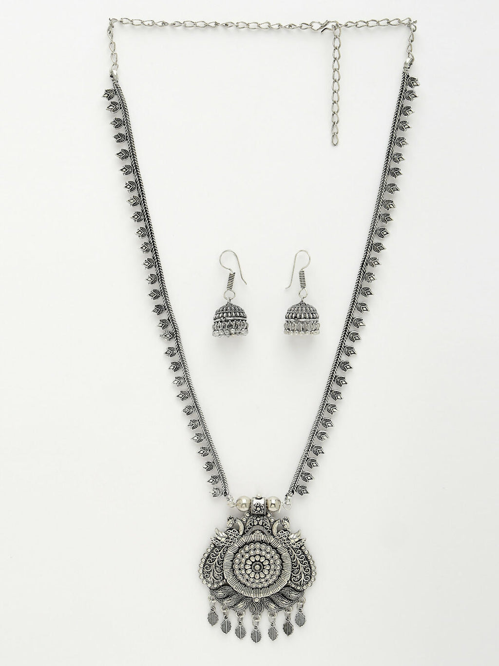 NVR Women's Silver-Toned Peacock Design Oxidized Necklace with Jhumka Earrings