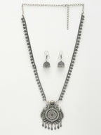NVR Women's Silver-Toned Peacock Design Oxidized Necklace with Jhumka Earrings