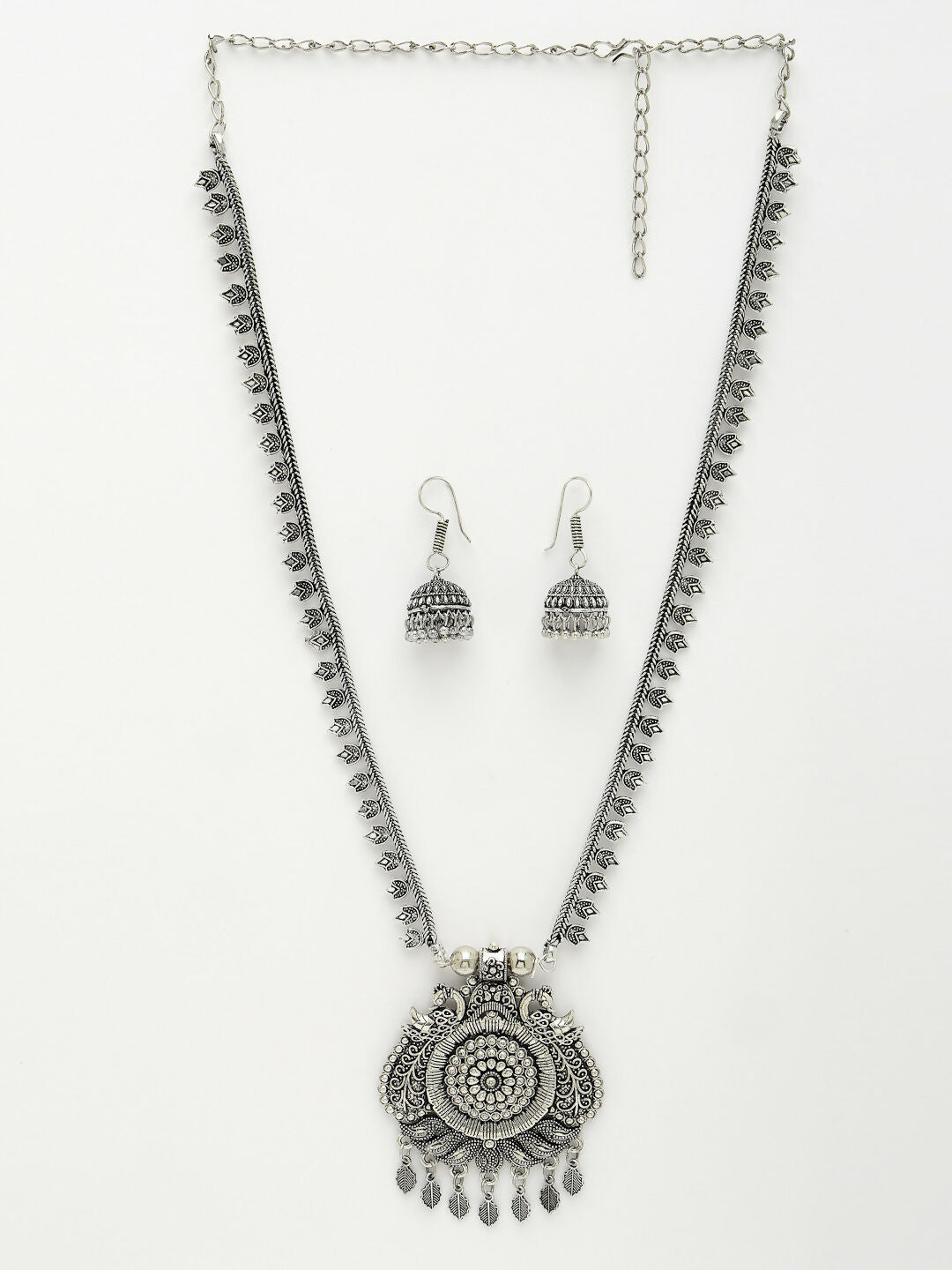 NVR Women's Silver-Toned Peacock Design Oxidized Necklace with Jhumka Earrings