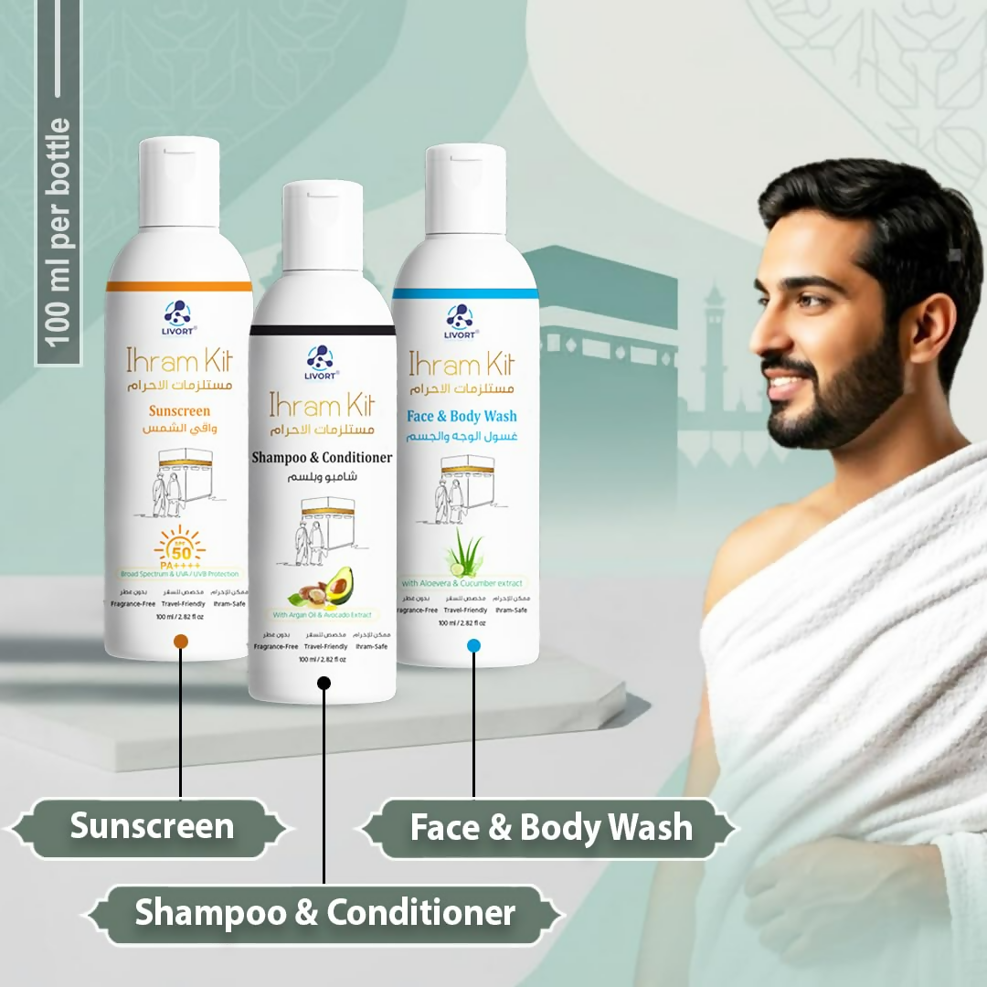 Livort Ihram Kit Hajj & Umrah Face & Body Wash Sunscreen Shampoo & Conditioner