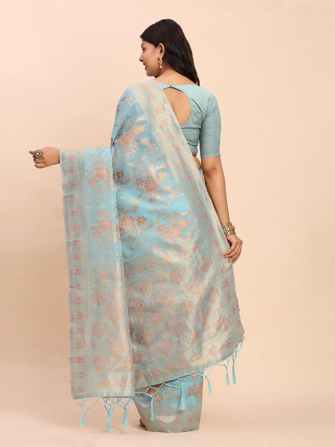 Shree Shyam Fashion Linen Cotton Sky Blue Saree - Distacart