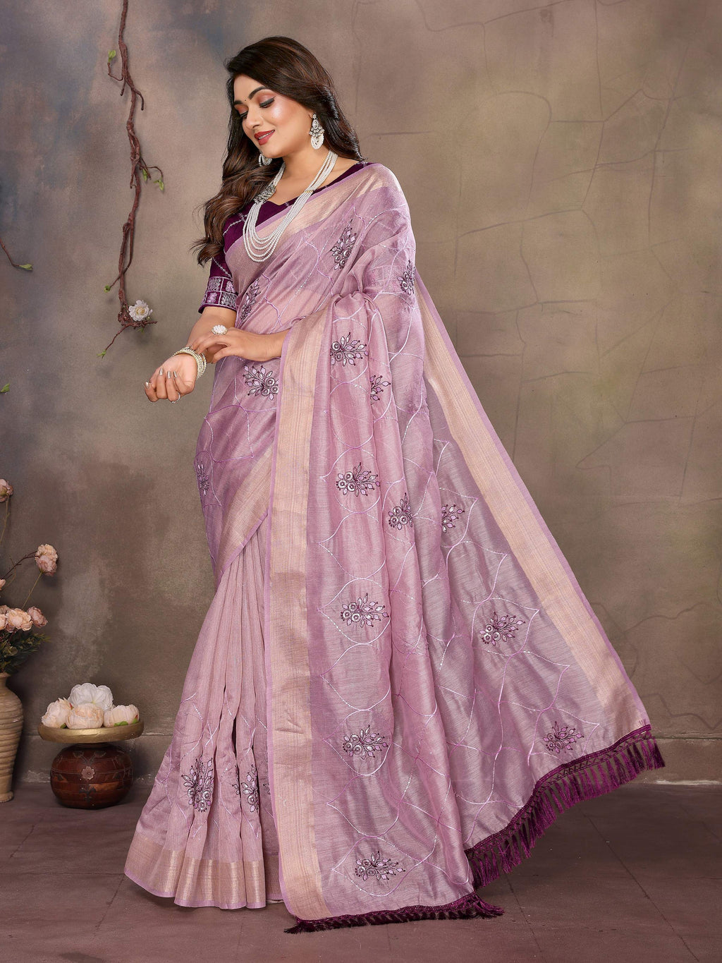Vedant Vastram Chiffon Net Embroidery work Bollywood Fancy Saree - Lavender