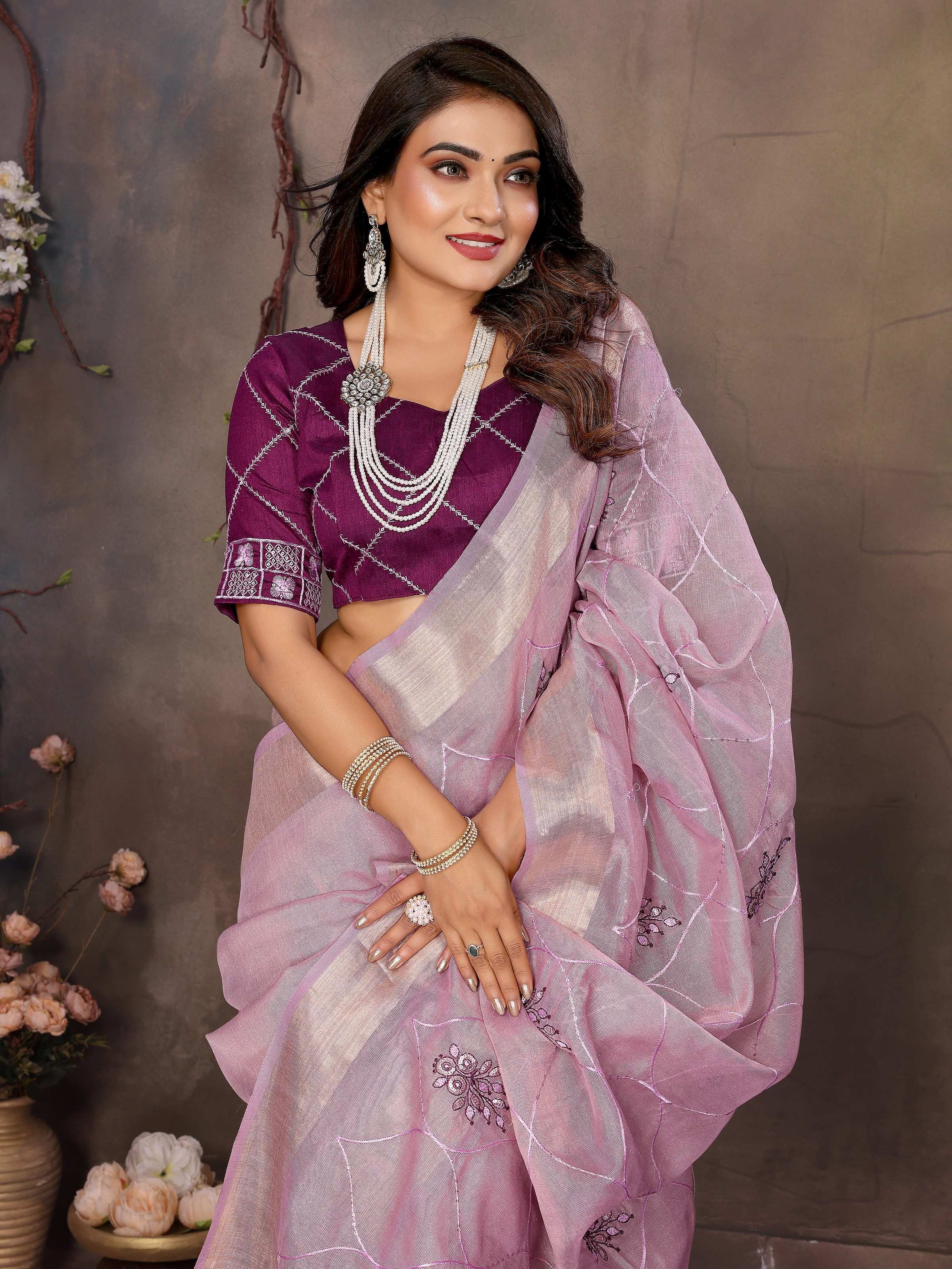 Vedant Vastram Chiffon Net Embroidery work Bollywood Fancy Saree - Lavender