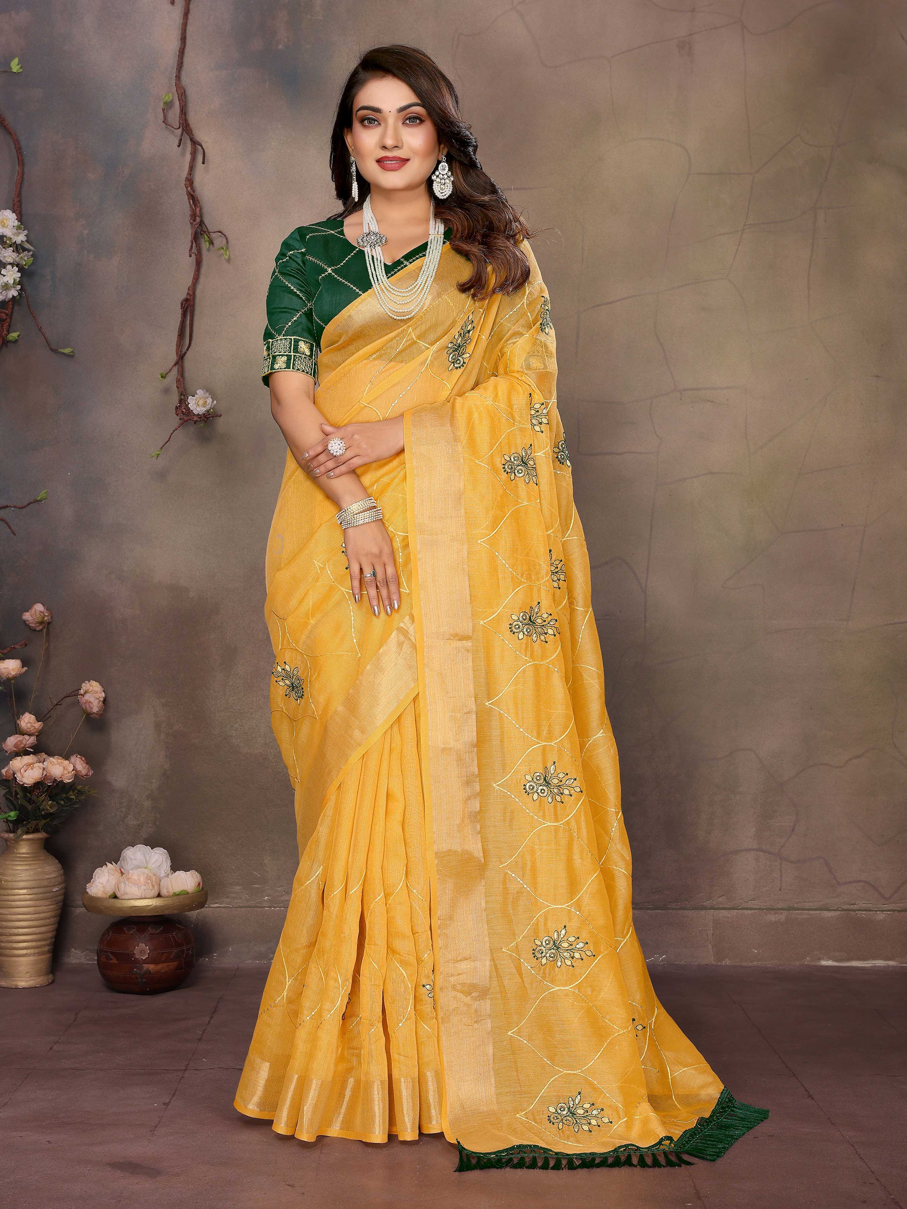 Vedant Vastram Chiffon Net Embroidery work Bollywood Fancy Saree - Mustard