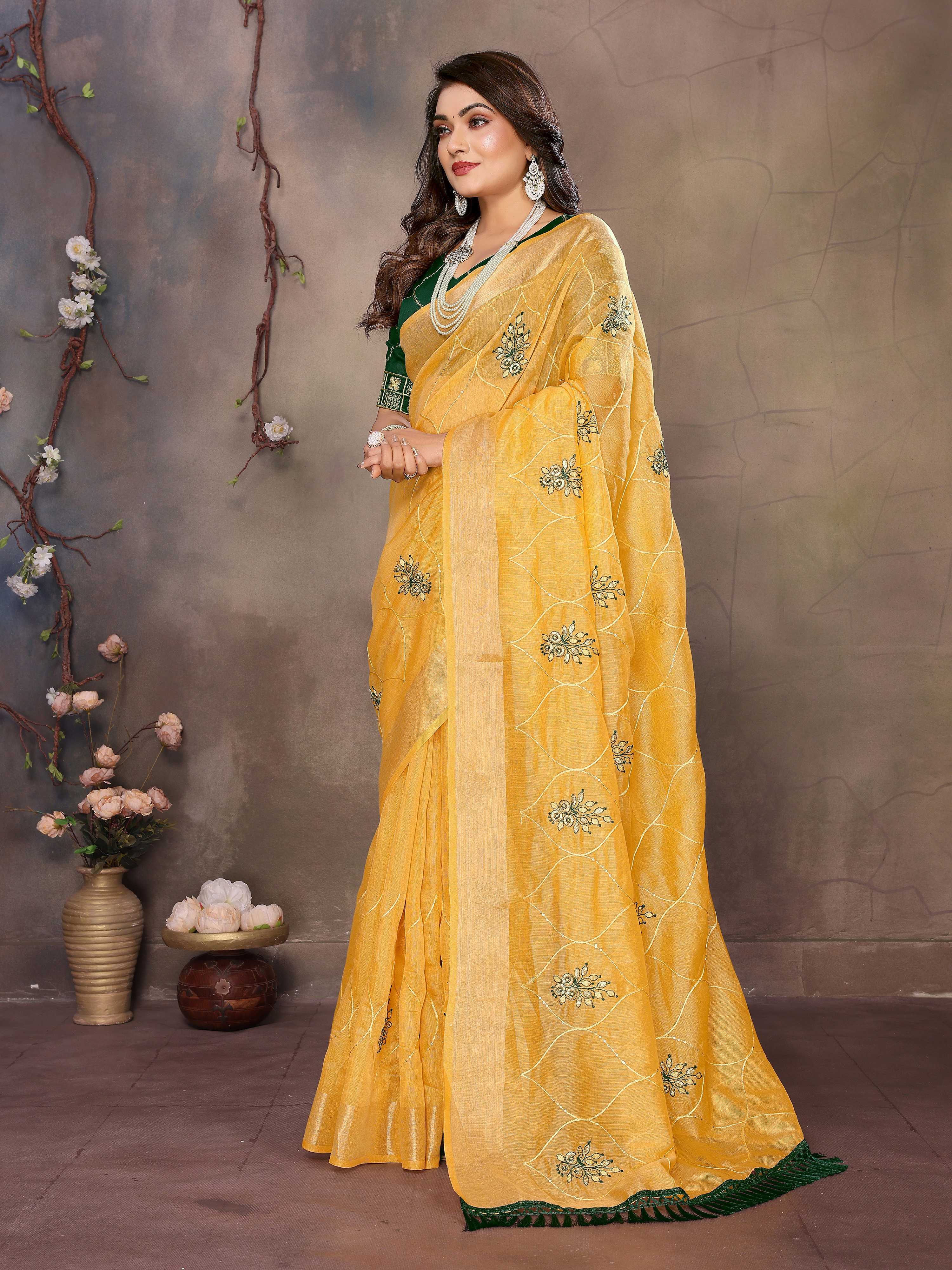 Vedant Vastram Chiffon Net Embroidery work Bollywood Fancy Saree - Mustard