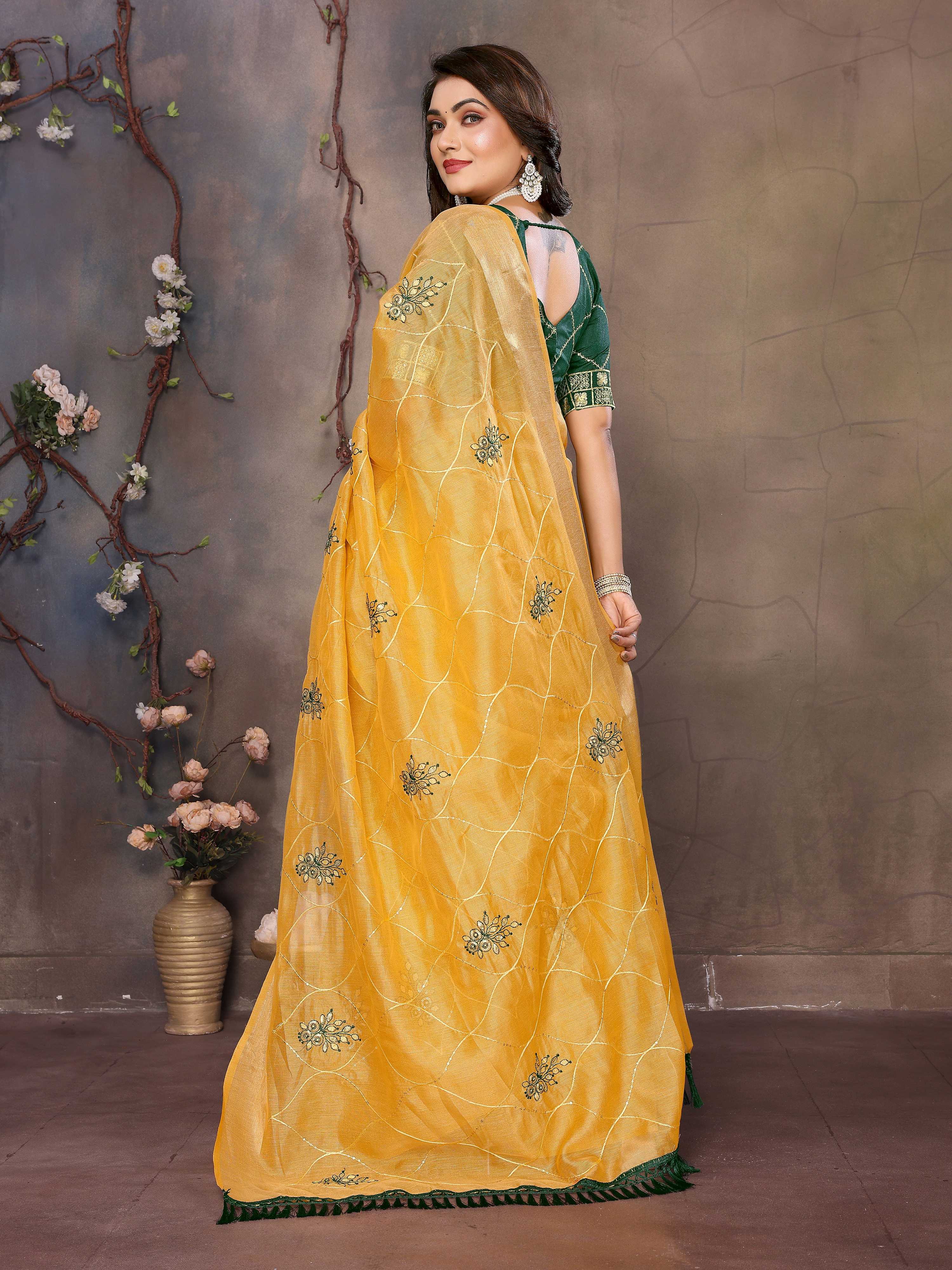 Vedant Vastram Chiffon Net Embroidery work Bollywood Fancy Saree - Mustard
