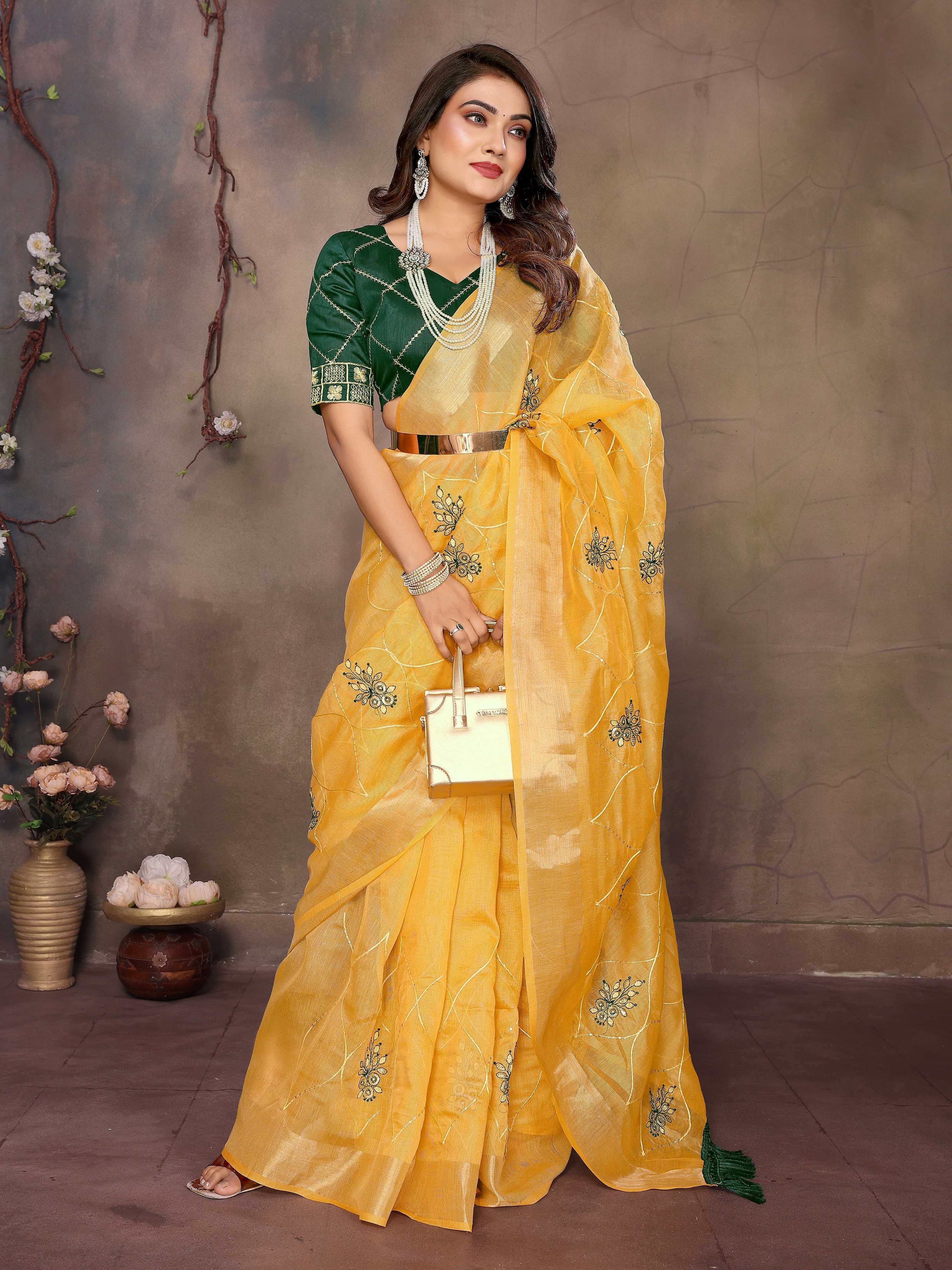 Vedant Vastram Chiffon Net Embroidery work Bollywood Fancy Saree - Mustard