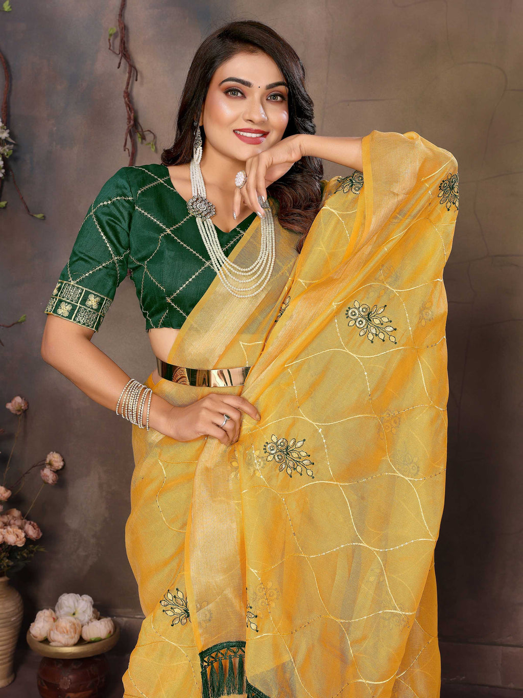 Vedant Vastram Chiffon Net Embroidery work Bollywood Fancy Saree - Mustard